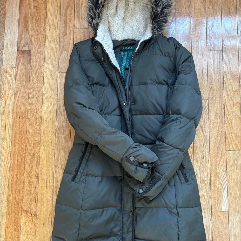 Ralph Laurent Women's Dark Green Puffer Coat with Faux Fur Hood